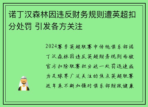 诺丁汉森林因违反财务规则遭英超扣分处罚 引发各方关注